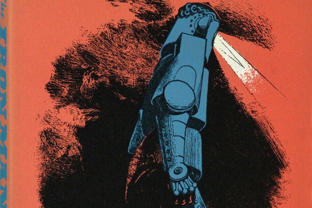 An illustration from the cover of Ted Hughes's 1968 novel The Iron Man