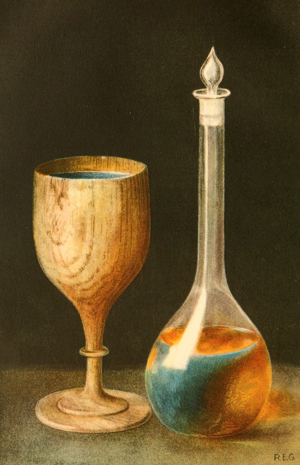 Lignum nephriticum - cup of Philippine Lignum nephriticum, Pterocarpus indicus, and flask containing its fluorescent solution