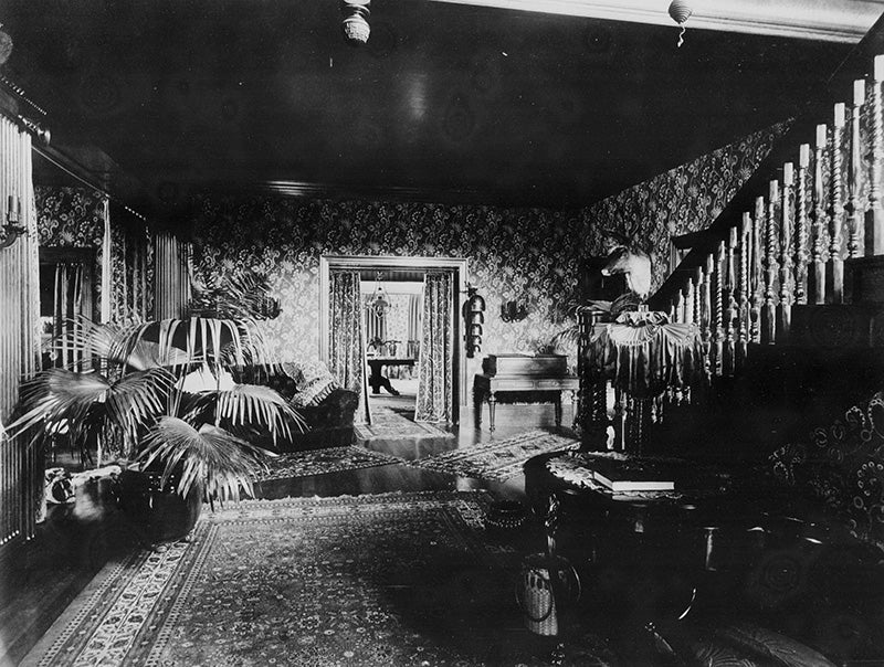 The entrance hall to the Hord residence, with William Morris style wallpaper, a staircase with carved spindles, oriental rugs, mounted animal heads, potted plants, and a tiger skin rug.