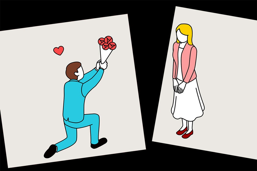 Man proposing to woman on one knee, presenting her with a bouquet of roses, separated by black cubes