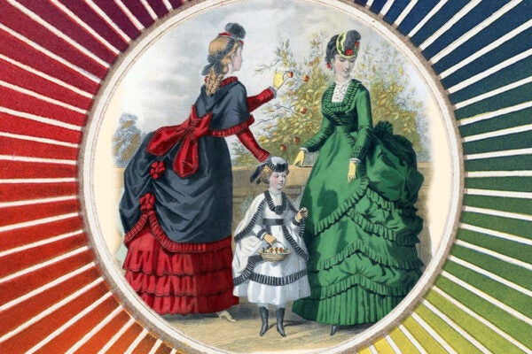 Fashion plate from an 1869 issue of The Englishwoman's Domestic Magazine, surrounded by an 1861 color wheel by Michel Chevreul.