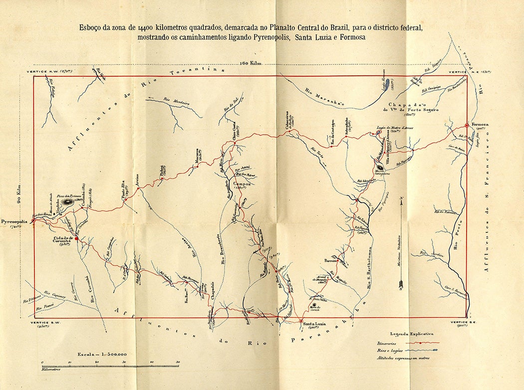 Sketch of the 14,400 square kilometer zone demarcated in the Central Plateau of Brazil, for the federal district, showing the routes connecting Pyrenopolis, Santa Luzia, and Formosa.