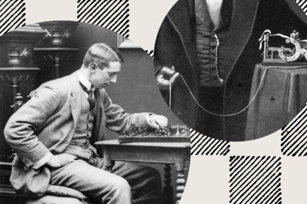 A person playing chess in the 19th century beside a person posing with a telegraph