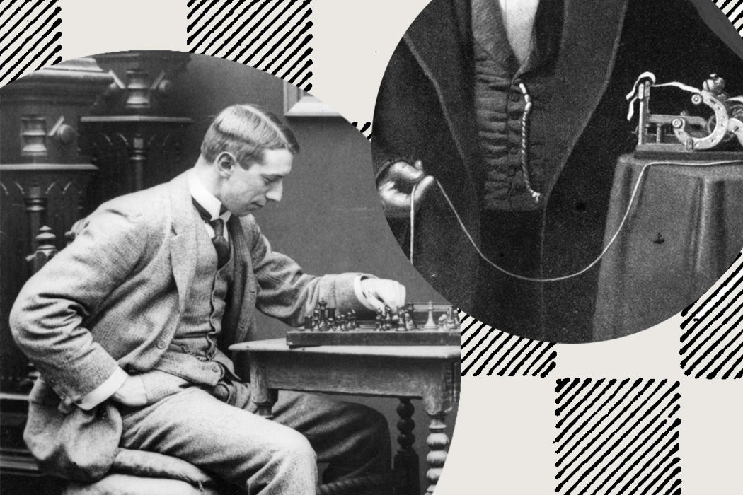 A person playing chess in the 19th century beside a person posing with a telegraph