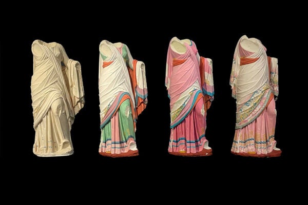 Experimental color reconstructions of the marble statue of a Greek Muse in the Frankfurt Liebieghaus