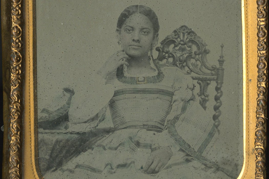 A portrait of Cordelia Sanders, a mixed-race woman, daughter to Richard Walpole Cogdell and Sarah Martha Sanders, ca. 1860.