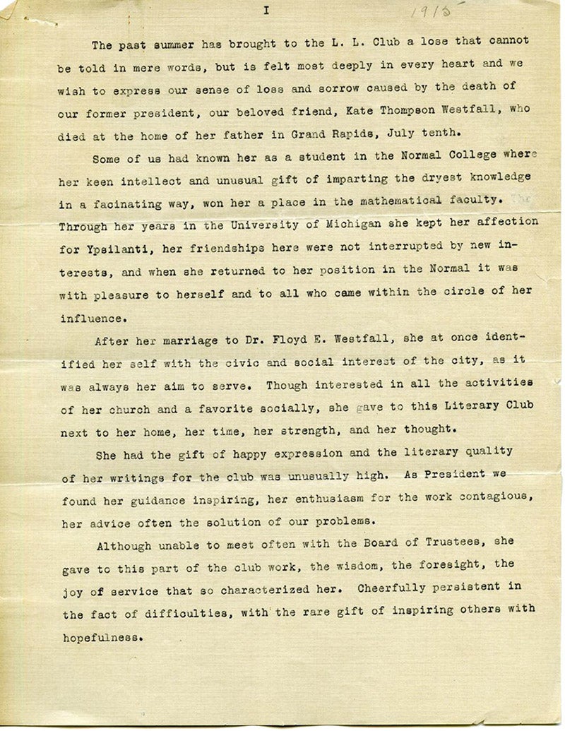 A memorial for Kate Thompson Westfall