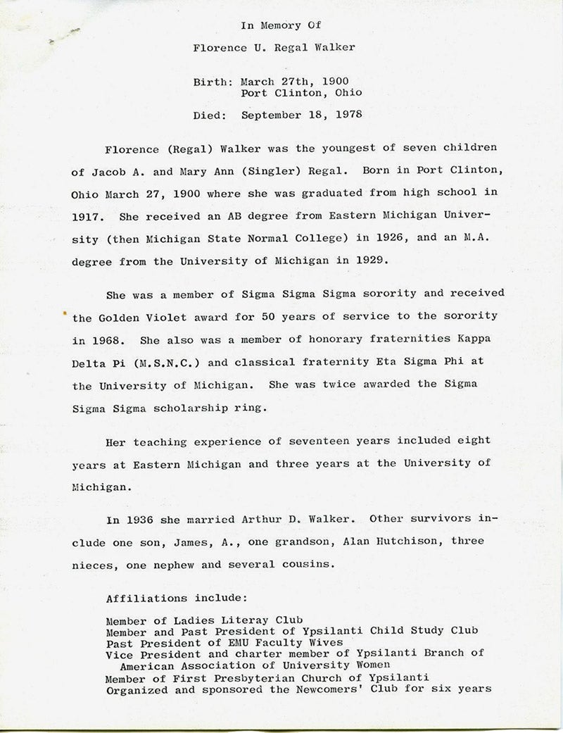 A memorial for Florence U. Regal Walker by an unknown Ladies Literary Club member