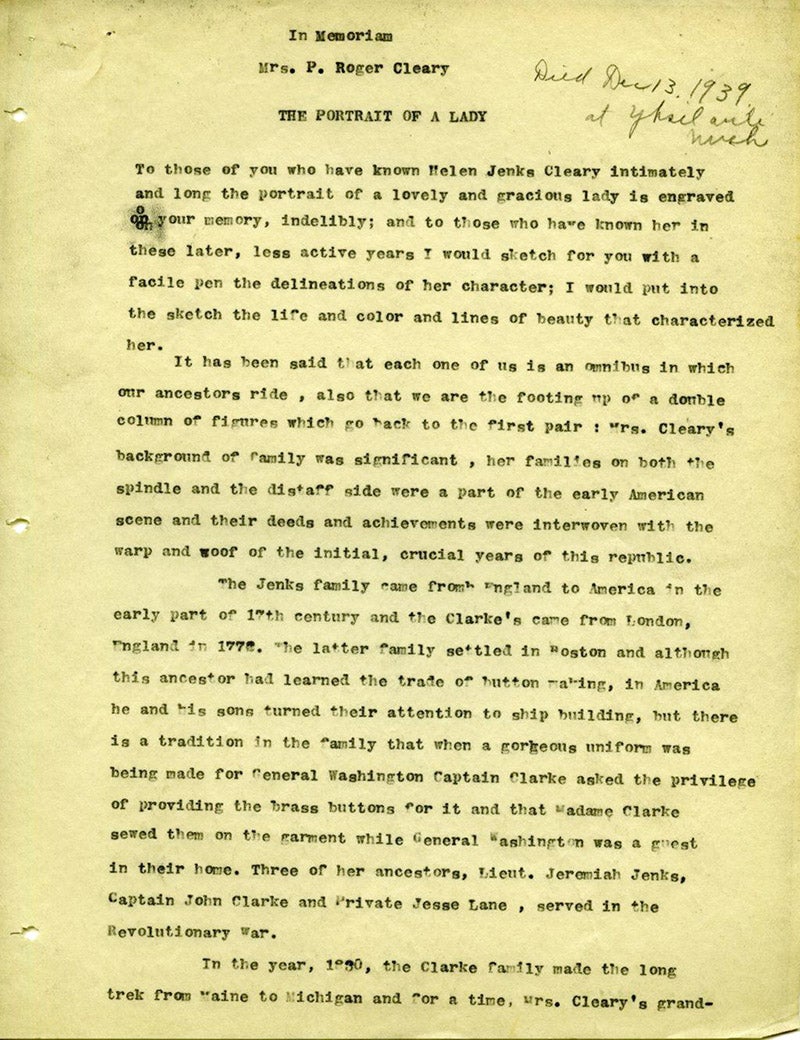 A memorial for Helen Jenks Cleary by Lulu Carpenter Skinner