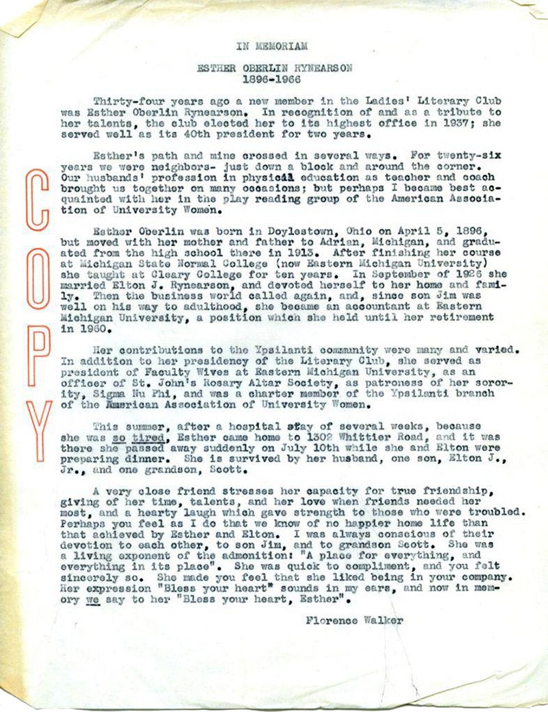 A memorial for Esther Oberlin Rynearson by Florence Regal Walker