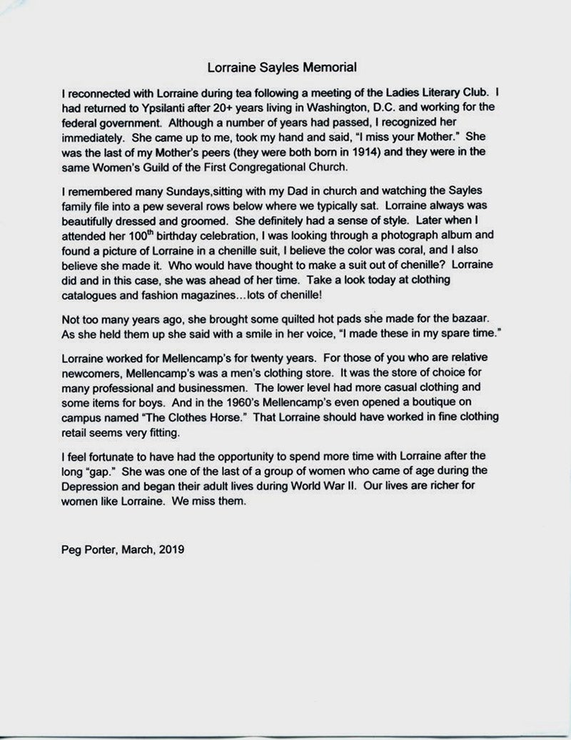 A memorial for Lorraine Sayles by Margaret (Peg) Porter