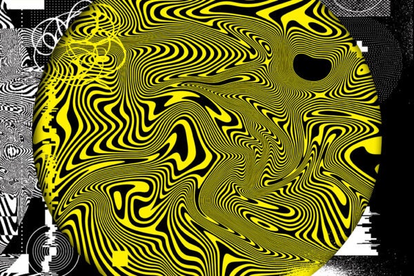 An abstract black and white and yellow illustration