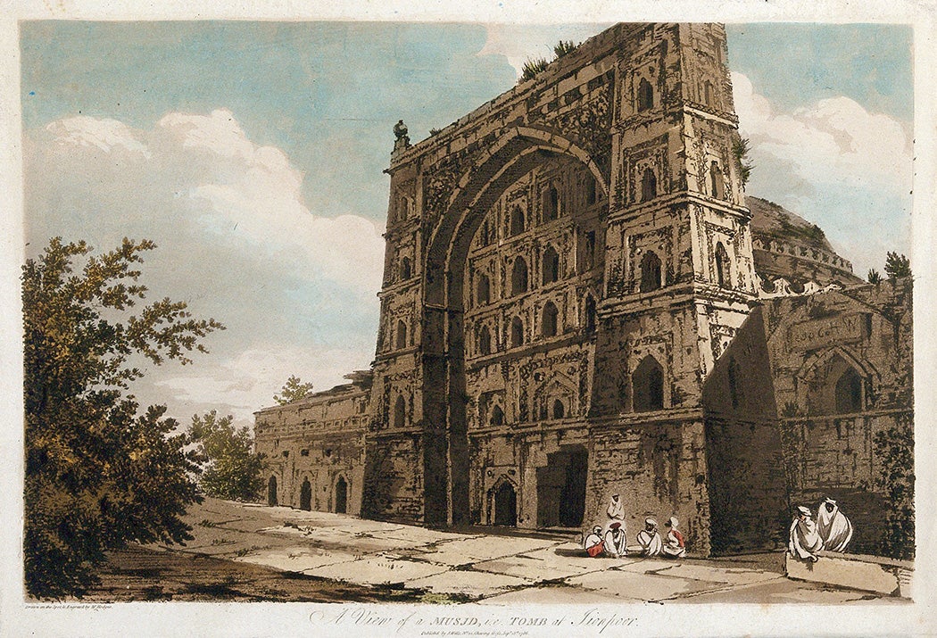 Atala mosque at Jaunpur, Uttar Pradesh. Coloured etching by William Hodges, 1786.