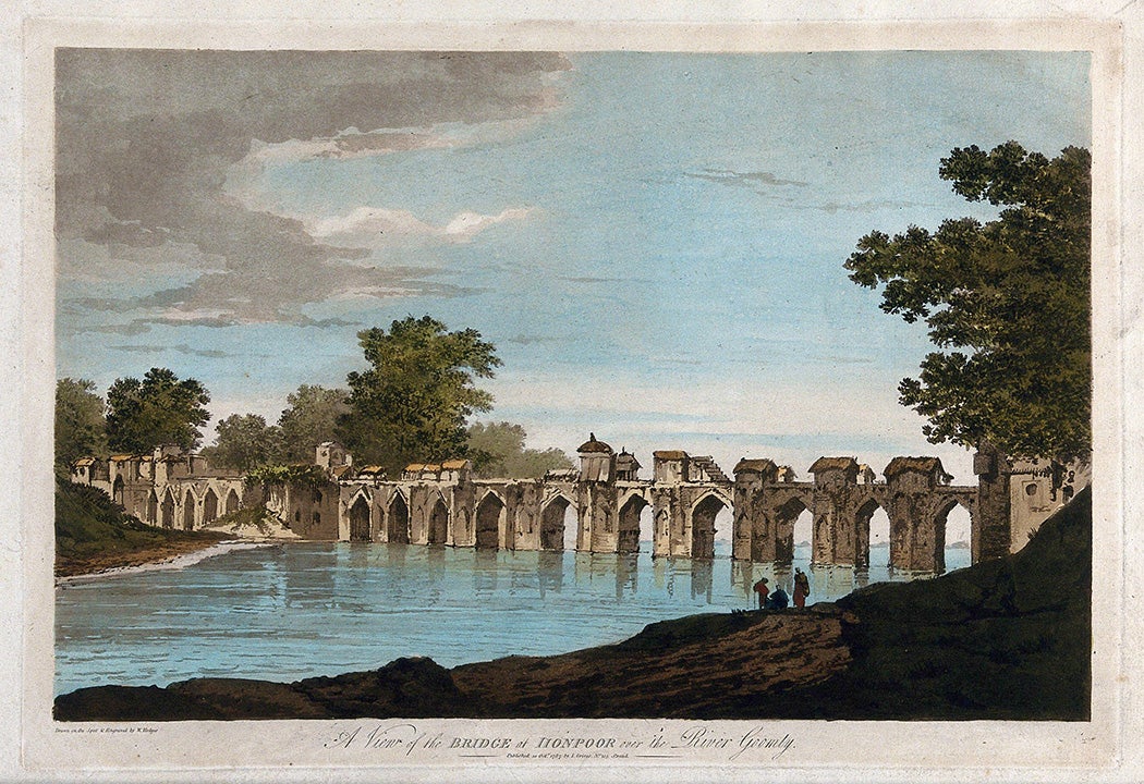 Bridge over the river Gomati at Jaunpur, Uttar Pradesh. Coloured etching by William Hodges, 1787.