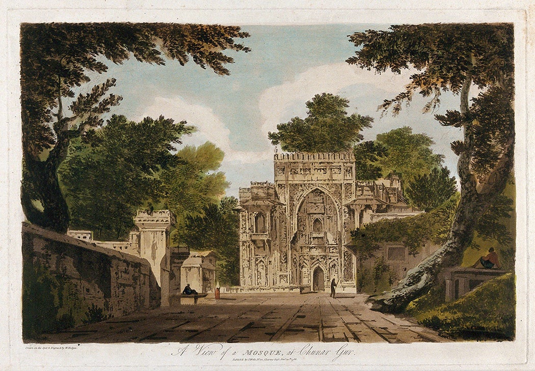 Entrance to a mosque at Chunar, Uttar Pradesh. Coloured etching by William Hodges, 1786.