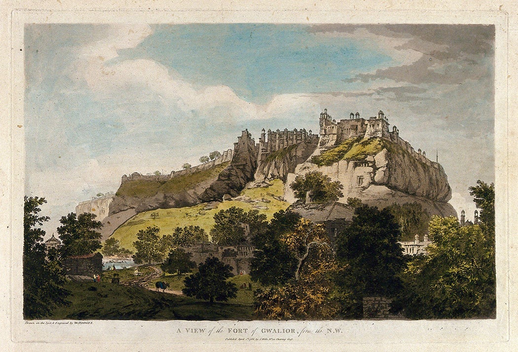 Fort of Gwalior, Madhya Pradesh. Coloured etching by William Hodges, 1786.