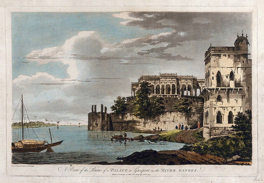 Ghāzīpur, Uttar Pradesh: a ruined palace on the river Ganges. Coloured etching by William Hodges, 1785.