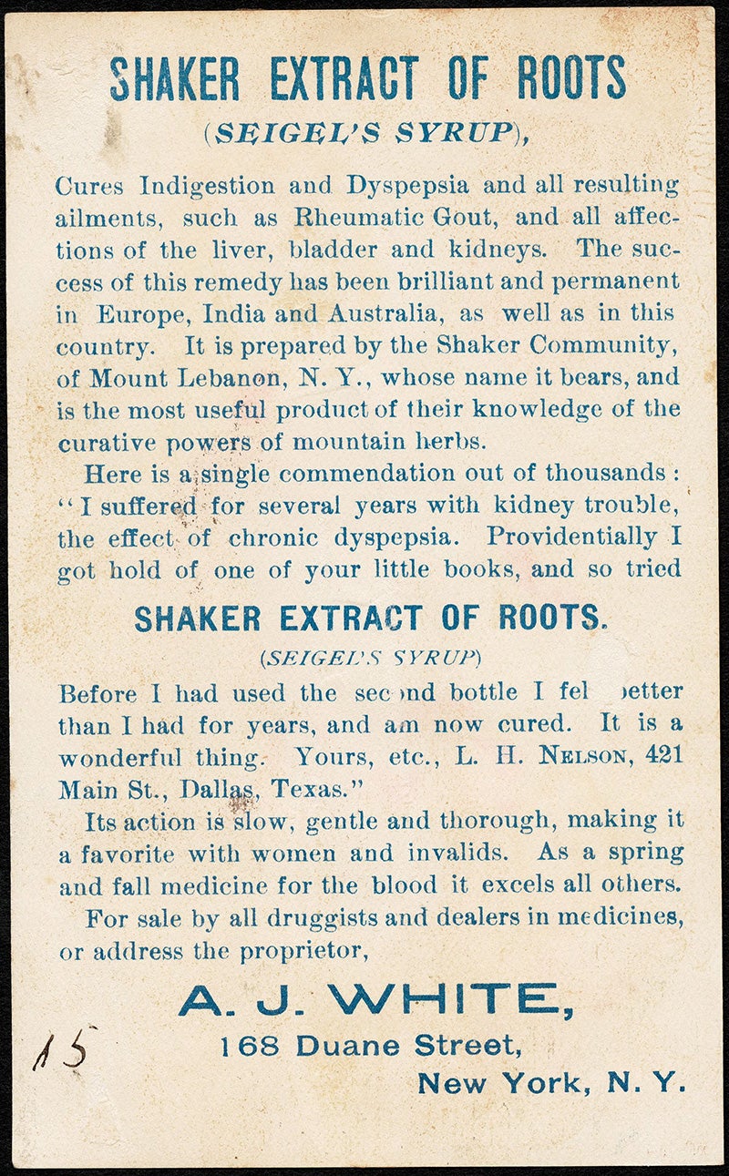 An advertisement for Shaker Extract of Root (reverse side)