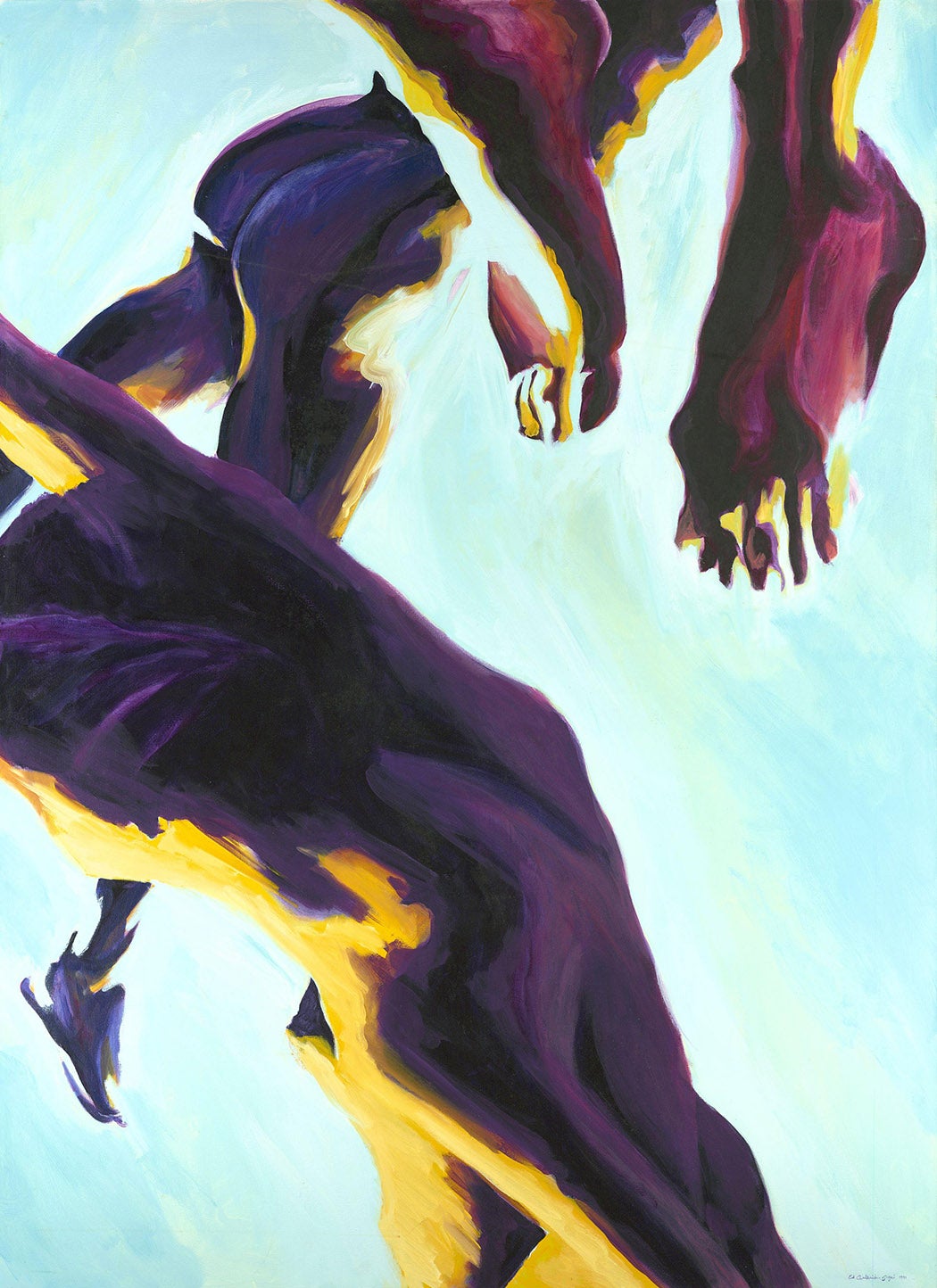 A painting of body parts, torsos and feet