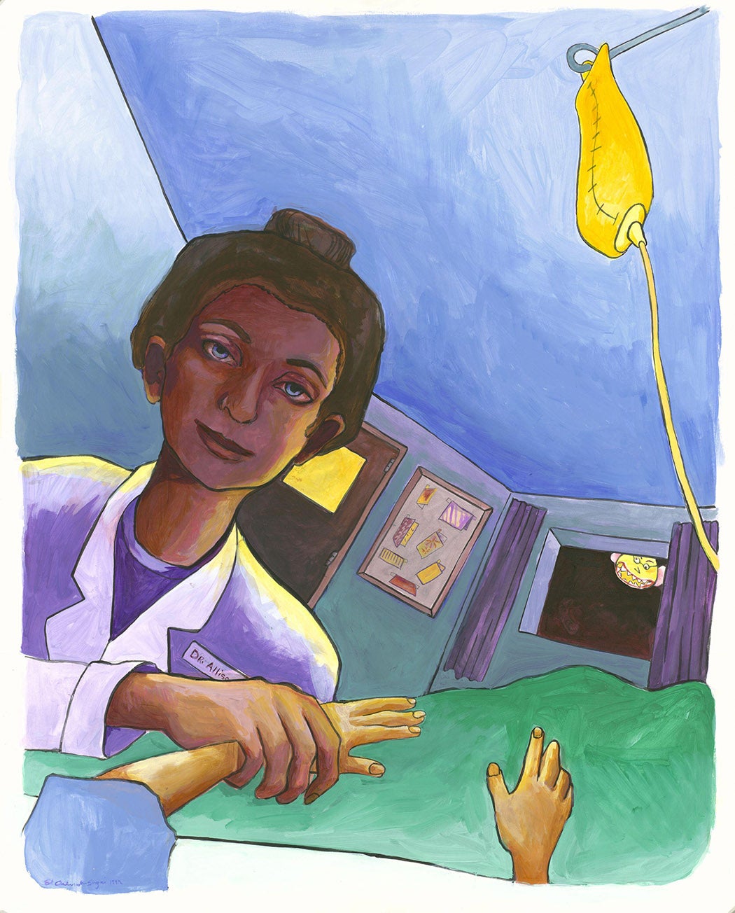 A painting of a woman looking over a hospital bed