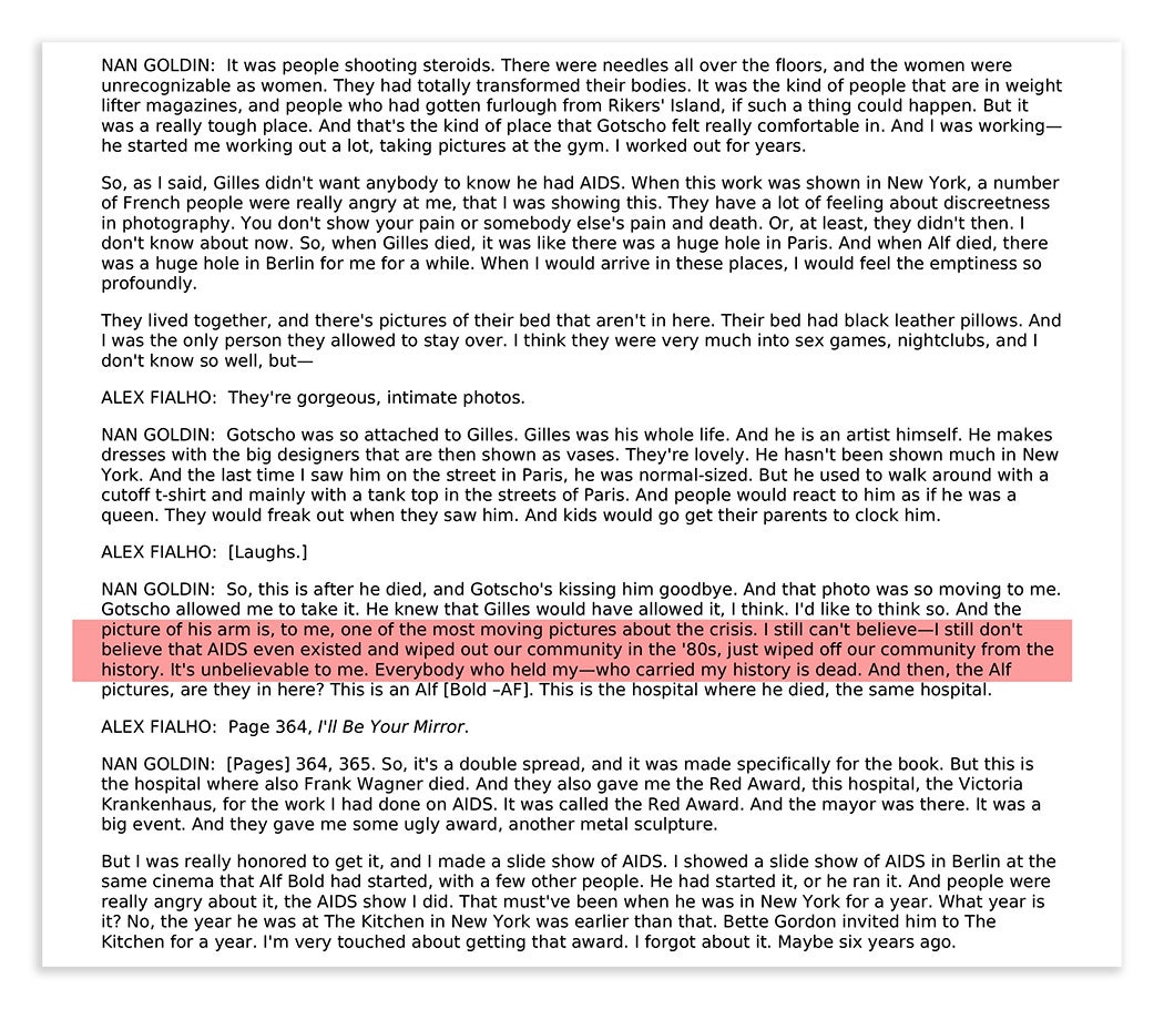 A screenshot of an interview transcript with Nan Goldin.