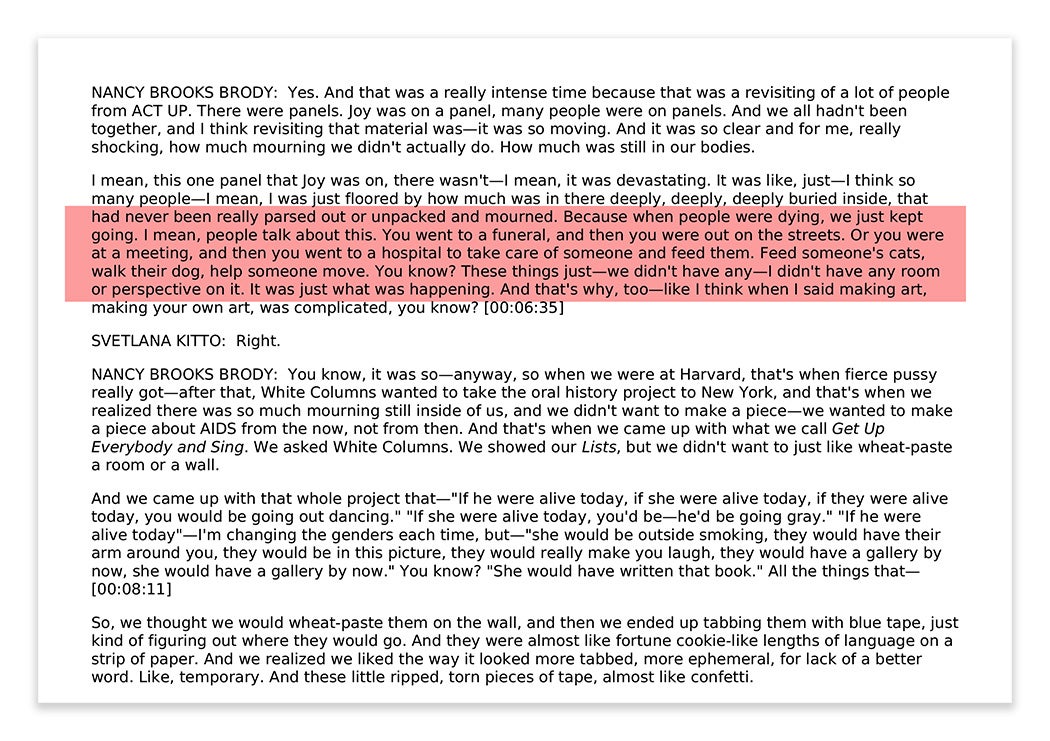 A screenshot of an interview transcript with Nancy Brooks Brody.