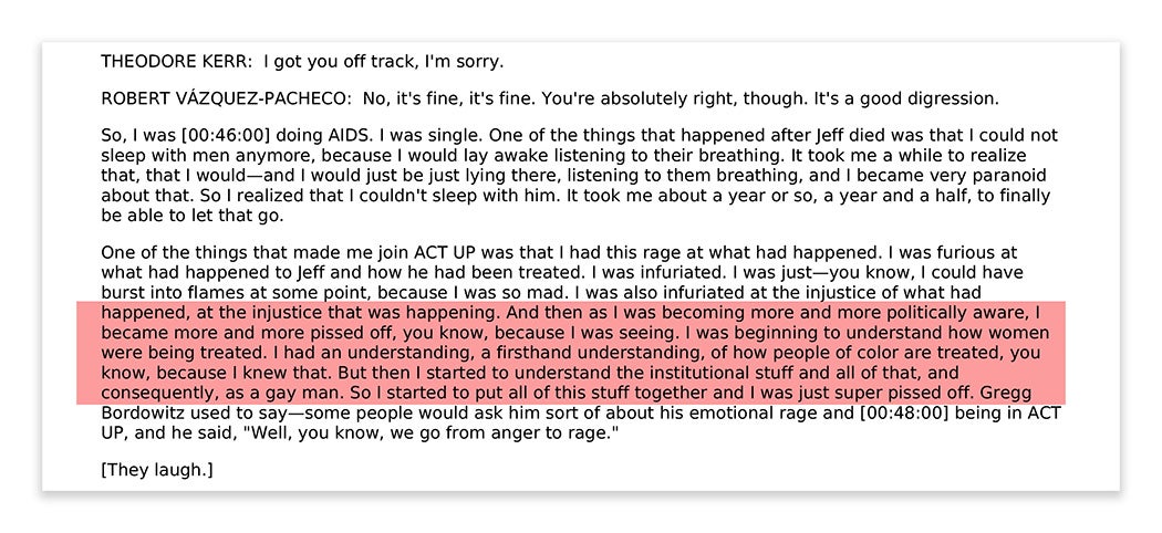 A screenshot of an interview transcript with Robert Vazquez-Pacheco.