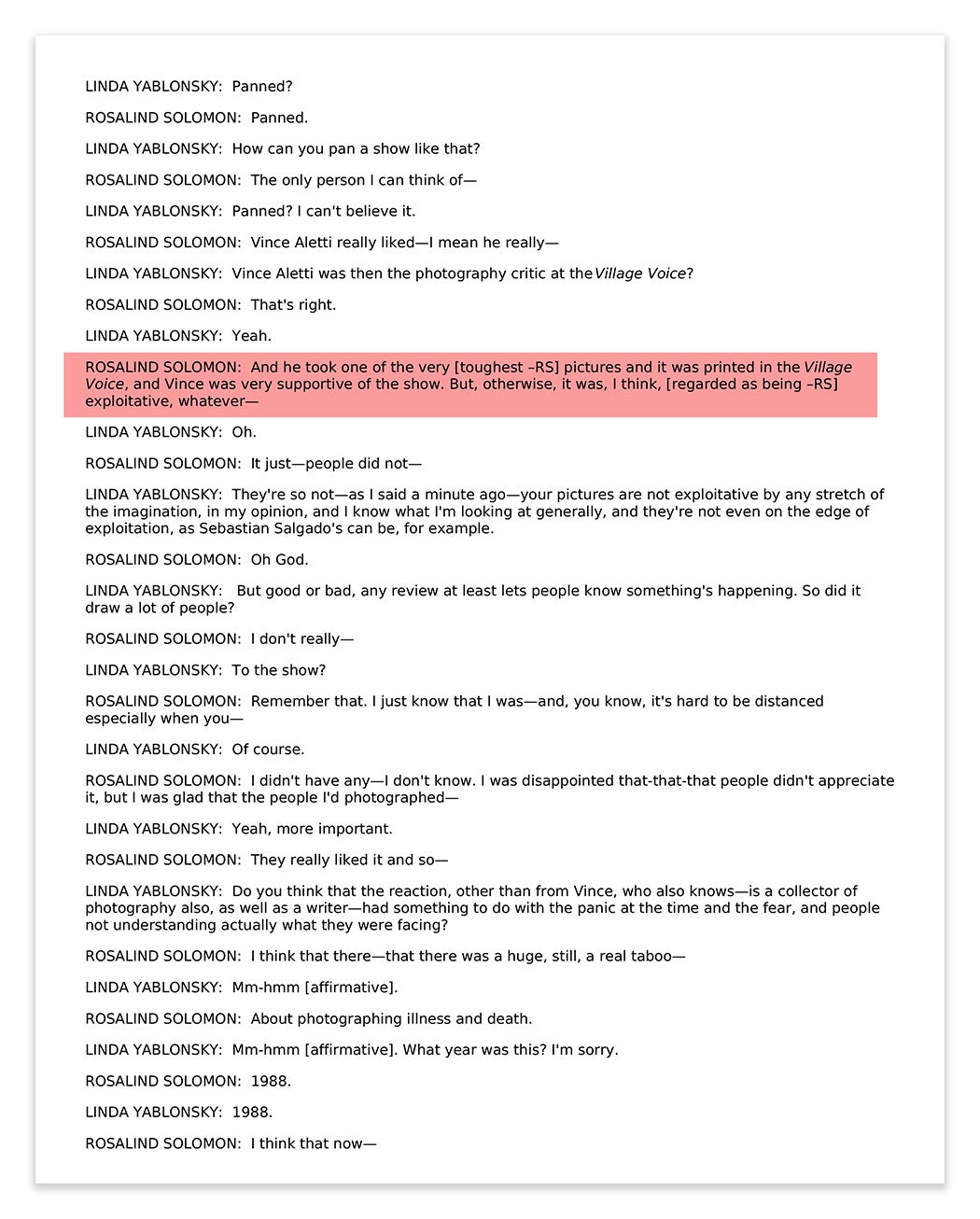 A screenshot of an interview transcript with Rosalind Solomon.
