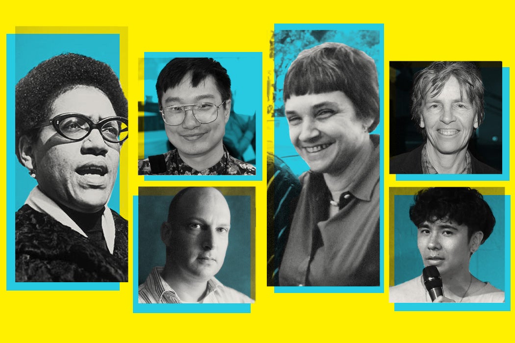 From left to right: Audre Lorde, Chen Chen, Richard Siken, Adrienne Rich, Eileen Myles, and Ocean Vuong.