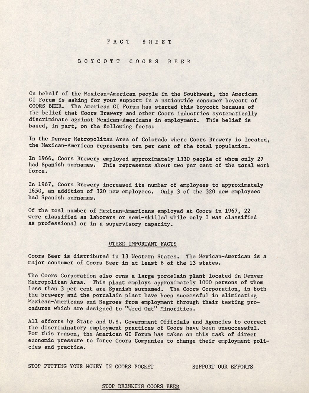 Coors Boycott posters and fact sheet