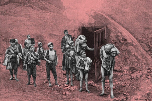 Child laborers at the entrance of a Sicilian sulfur mine