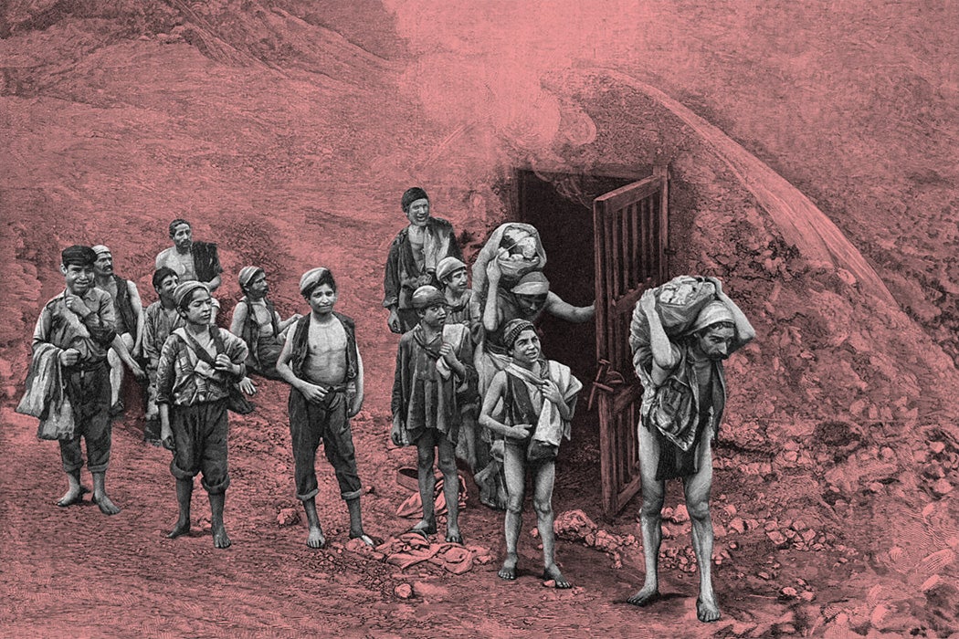 Child laborers at the entrance of a Sicilian sulfur mine