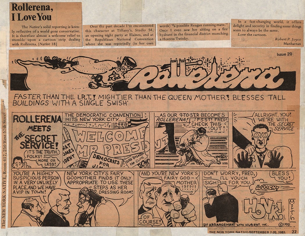 Collaged elements from New York Native issue 20 featuring Rollerena cartoon with "Rollerena, I Love You," 1981. 