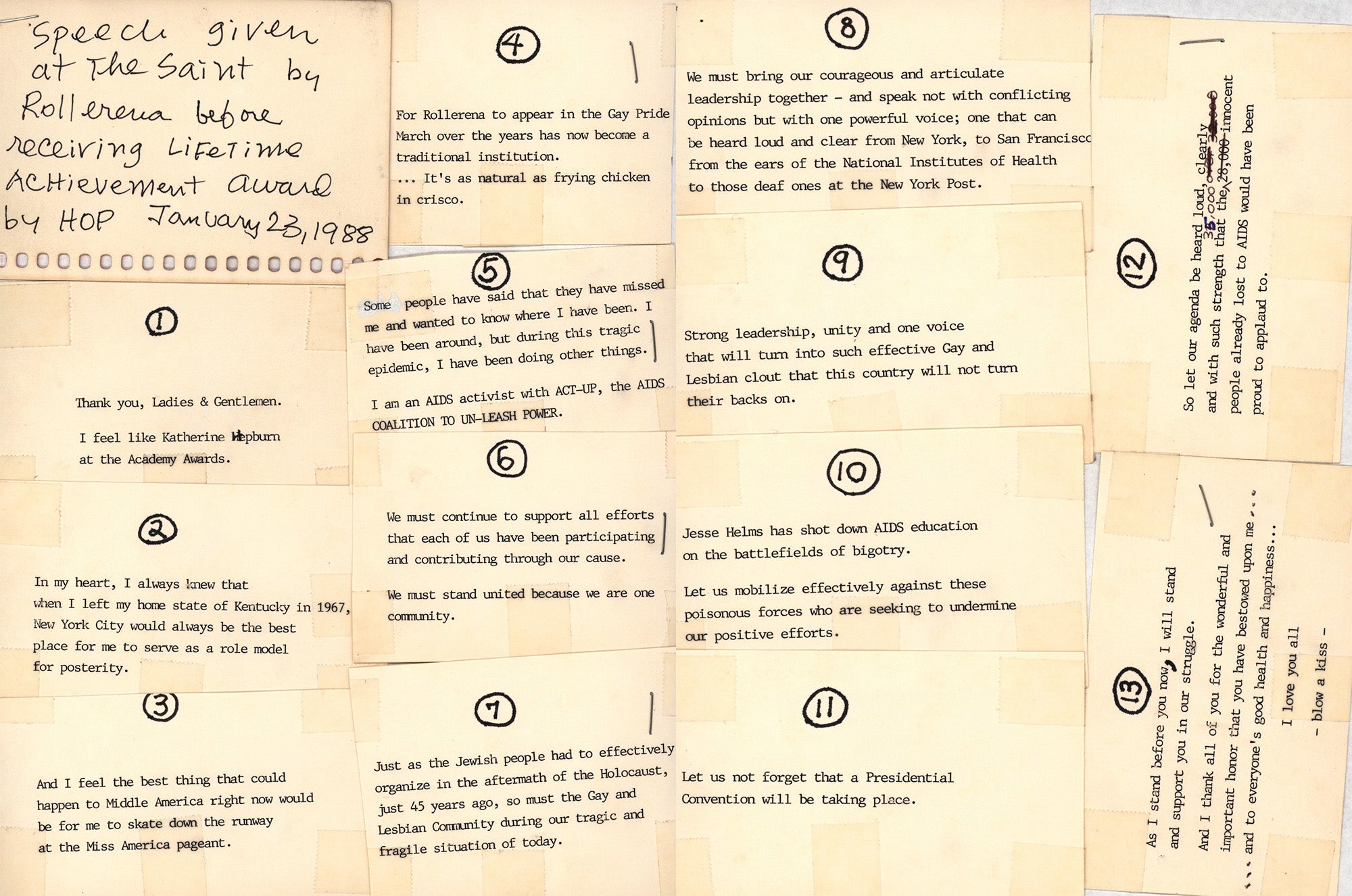 Rollerena acceptance speech note cards for Lifetime Achievement Award by Heritage of Pride, 1988