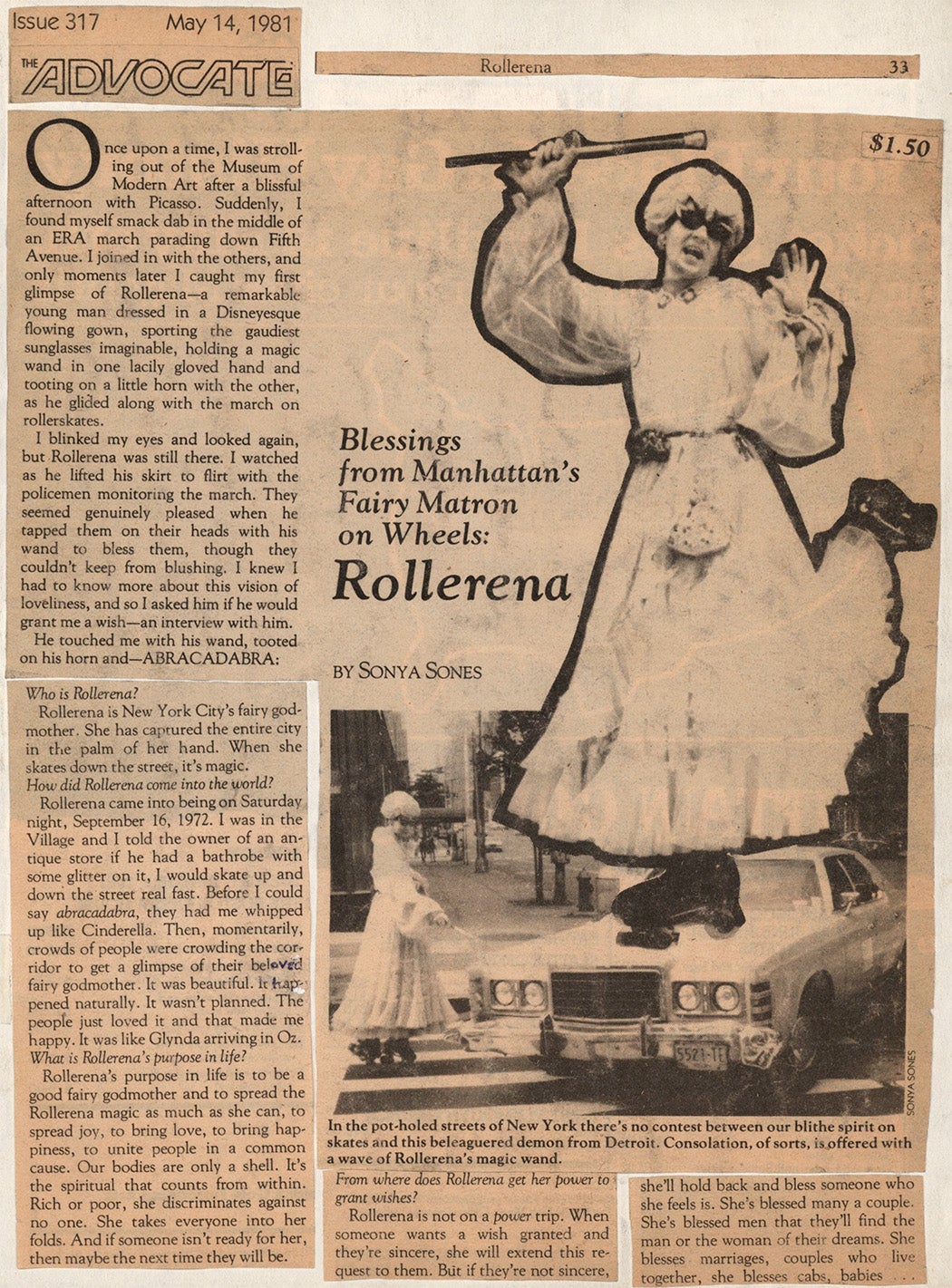 Collage with elements from "Blessings from Manhattan's Fairy Matron on Wheels: Rollerena" in the <em>Advocate</em>