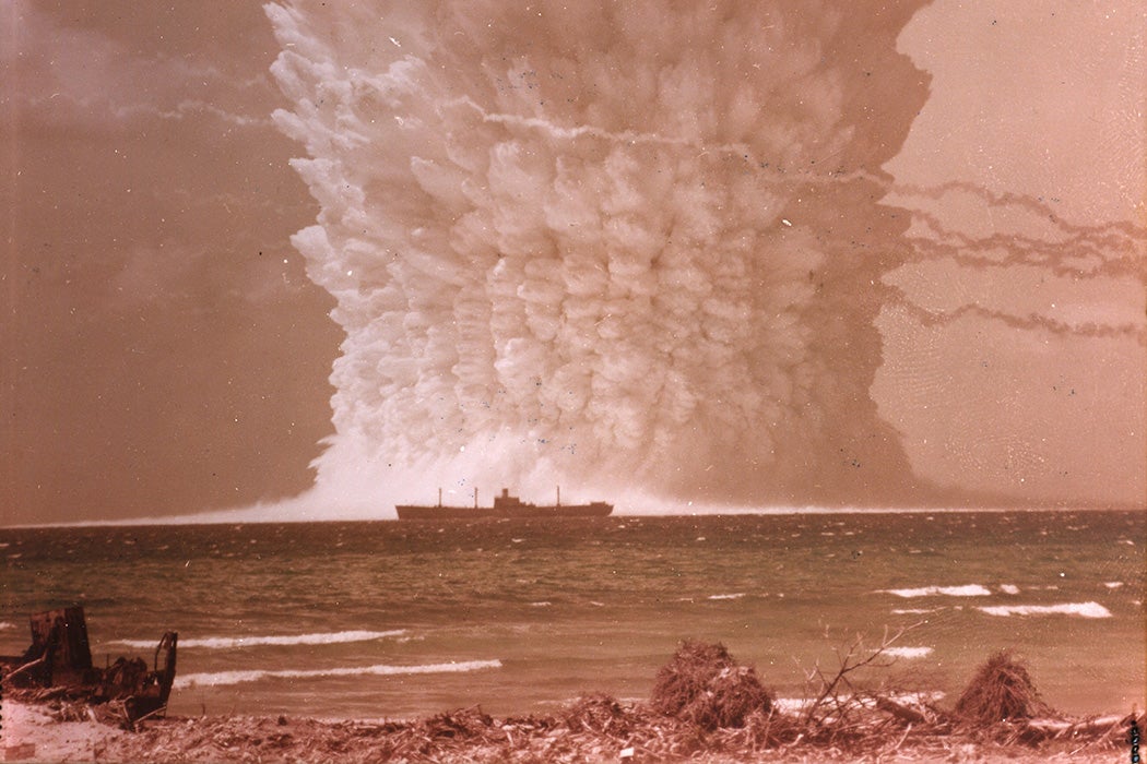 A photograph of an atomic bomb umbrella detonation as part of Operation Hardtack in the Enewetak/Bikini/Johnnston Island Area.