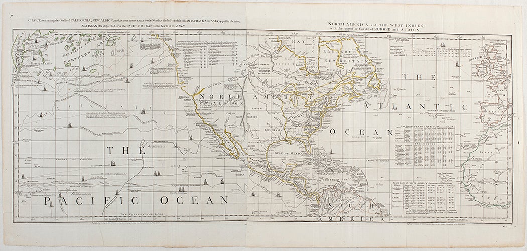 A chart of North and South America, with the Atlantic and Pacific Oceans, and the nearest coasts of Europe, Africa and Asia. This maps shows the Pacific and Atlantic Oceans.