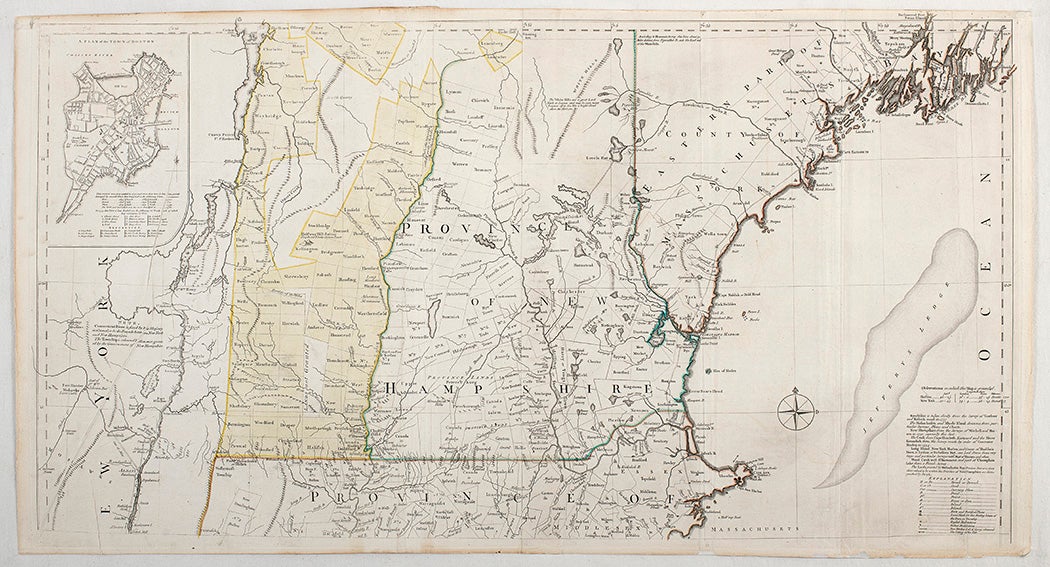 A map of the most inhabited part of New England, containing the provinces of Massachusets Bay and New Hampshire with the colonies of Conecticut and Rhode Island. Also contains a plan of the town of Boston.