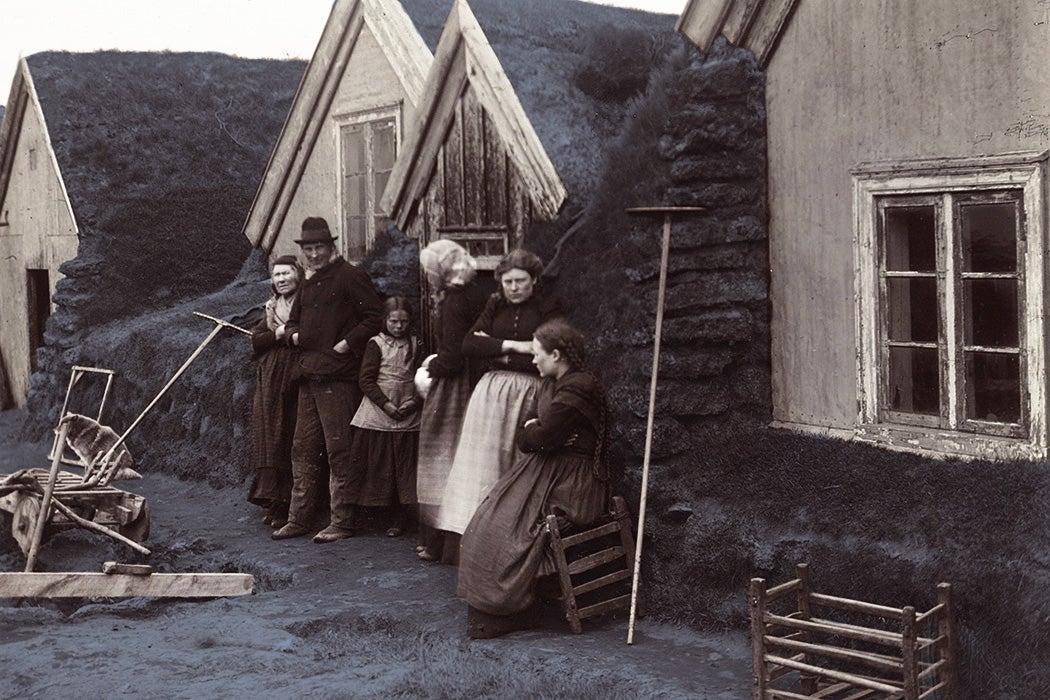 Group at Galtalækur, ca. 1900. Colorized.