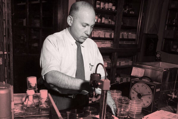 Joshua Lederberg at work in a laboratory at the University of Wisconsin, October 1958