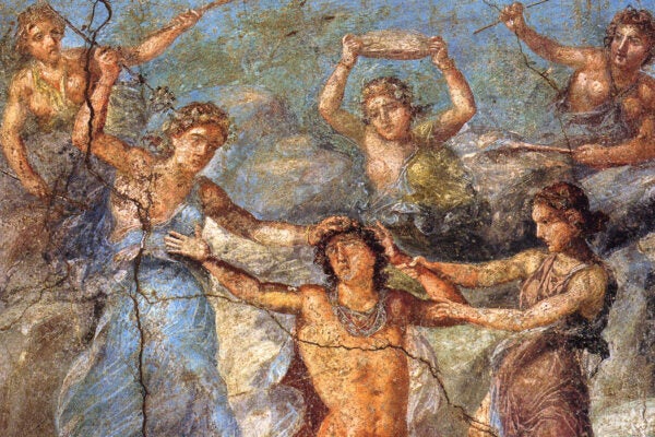 Pentheus being torn by maenads, from a Roman fresco in Pompeii.