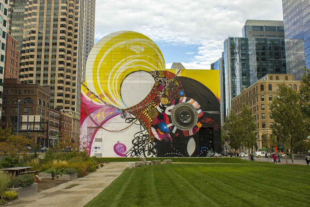 Dewey Square Park: View of the mural, Seven Moon Junction, by Shinique Smith. The mural was on display through August 2015.