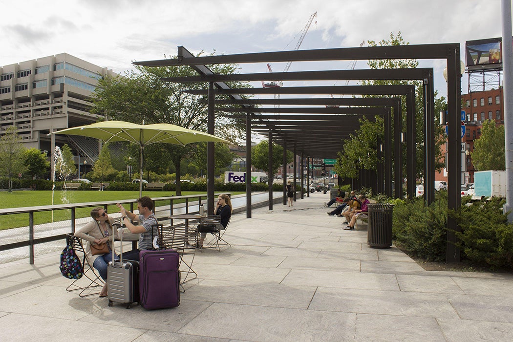 North End Parks View of the fountain, pergolas, and "front porch" area. All of which are parallel to Cross Street.
