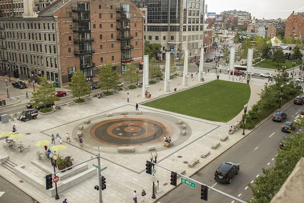 Wharf District Parks: Aerial view of the Rings Fountain and the open lawn.