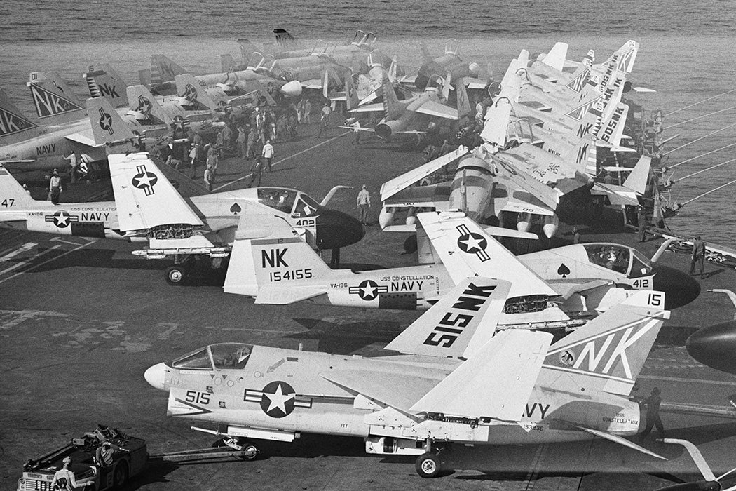 Parked fighter planes with their wings folded on the deck of US aircraft carrier USS Constellation while on patrol in the Gulf of Tonkin during the Vietnam War, November 26th 1968.