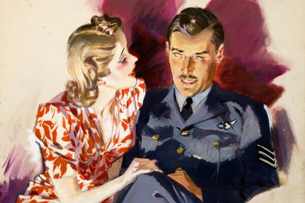 Illustration from a WWII anti-rumor poster. The text below this illustration reads "Keep mum, she's not so dumb! Careless talk costs lives."