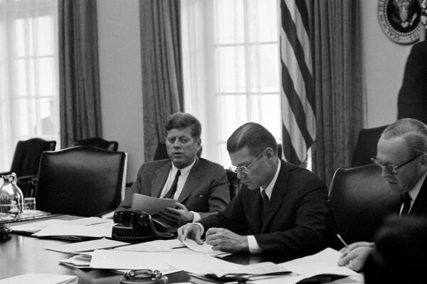 President John F. Kennedy meets with members of the Executive Committee of the National Security Council regarding the crisis in Cuba, October 1962