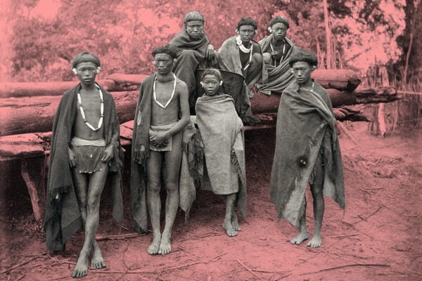 A colorized photograph of Ao Nagas tribespeople in Nagaland, India, ca. 1900
