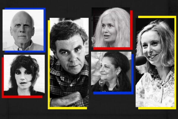 From left to right: Frederick Barthelme, Mary Robison, Raymond Carver, Amy Hempel, Jayne Anne Phillips, and Ann Beattie