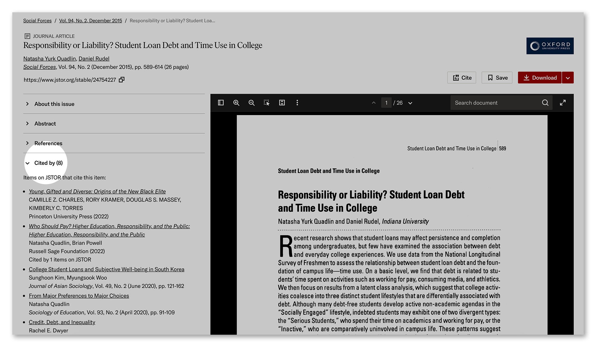 A screenshot indicating where the citation information can be found on JSTOR